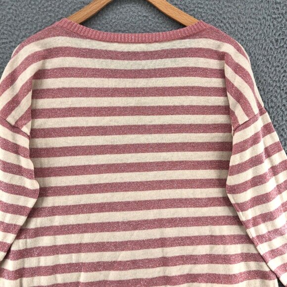 LOFT Sweater Womens Medium Pink Striped Glitter Knit 3/4 Sleeve Pullover Stretch - Picture 4 of 9